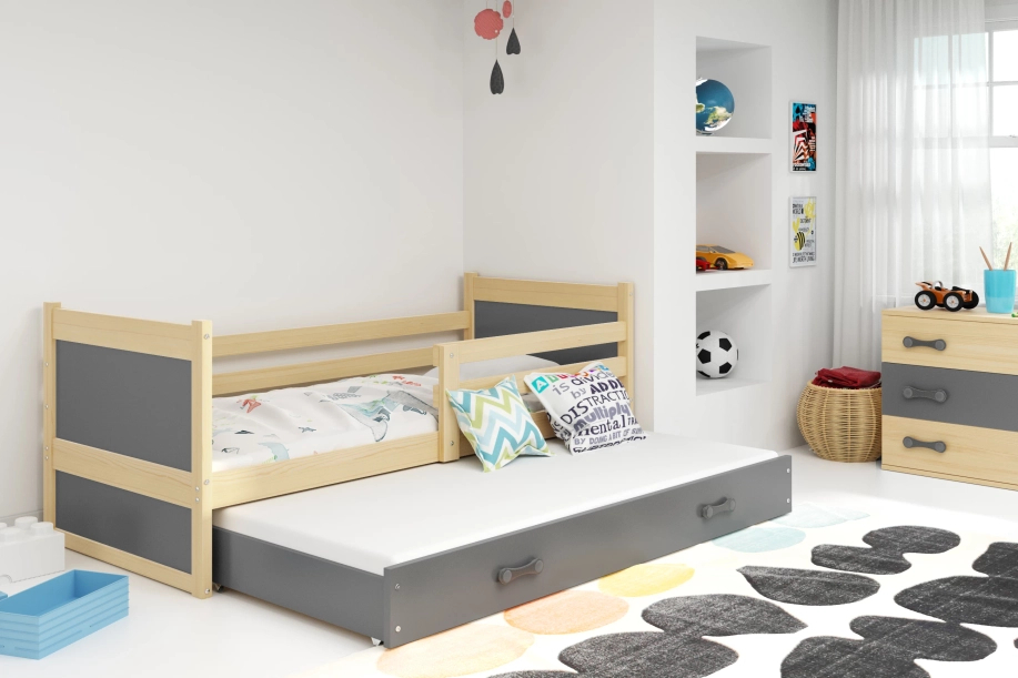 Ausziehbett für Jugendliche Richard, 90x200, mit Matratze und Schublade, Kiefer/grau