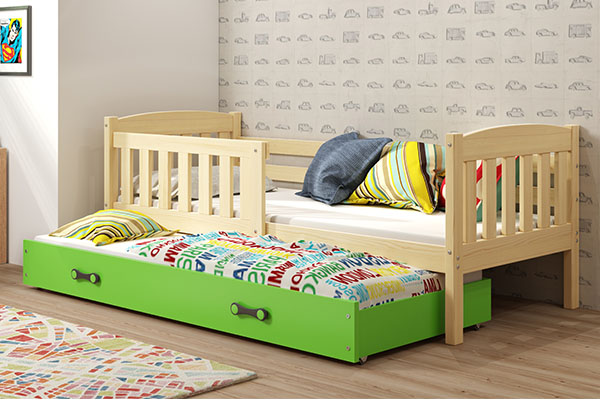 Ausziehbett für Jugendliche Jakob, 80x190, mit Matratze und Schublade, Kiefer/grün