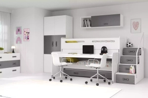 Hochbett für drei Personen Max 1, 80x200, mit Matratze und Schreibtisch, grau