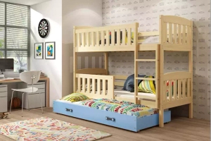 Etagenbett für drei Personen Jakob, 90x190, mit Matratze und Schublade, Kiefer/blau