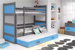 Etagenbett für drei Personen Richard, 90x190, mit Schublade, grau/blau