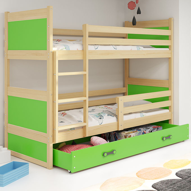 Stockbett für Jugendliche Richard, 90x200, mit Matratze und Schublade, Kiefer/grün