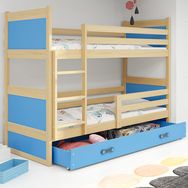 Stockbett für Jugendliche Richard, 90x200, mit Matratze und Schublade, Kiefer/blau
