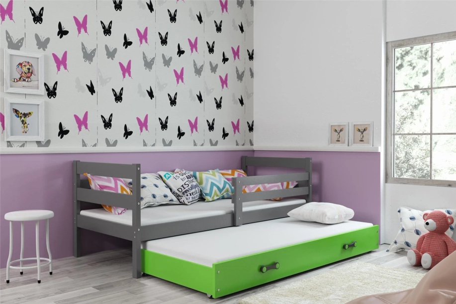 Ausziehbett für Jugendliche Erik, 90x190, mit Matratze und Schublade, grau/grün