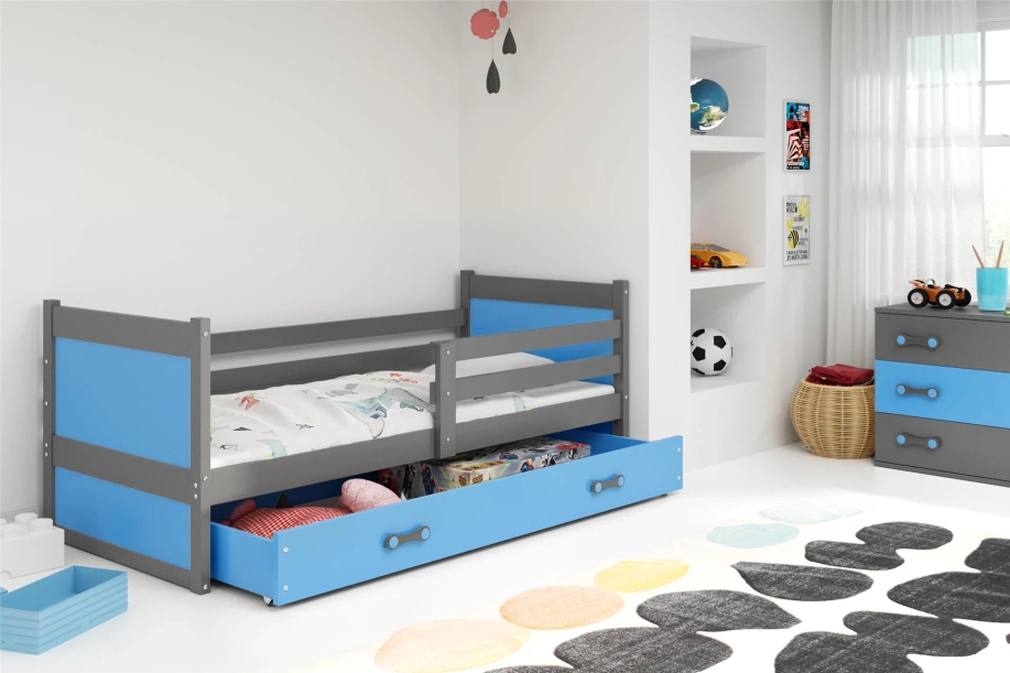 Jugendbett Richard, 90x190, mit Matratze und Schublade, grau/blau