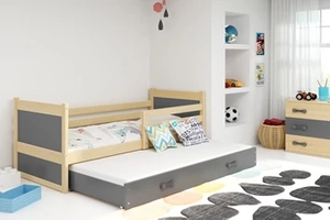 Ausziehbett für Jugendliche Richard, 90x200, mit Matratze und Schublade, Kiefer/grau