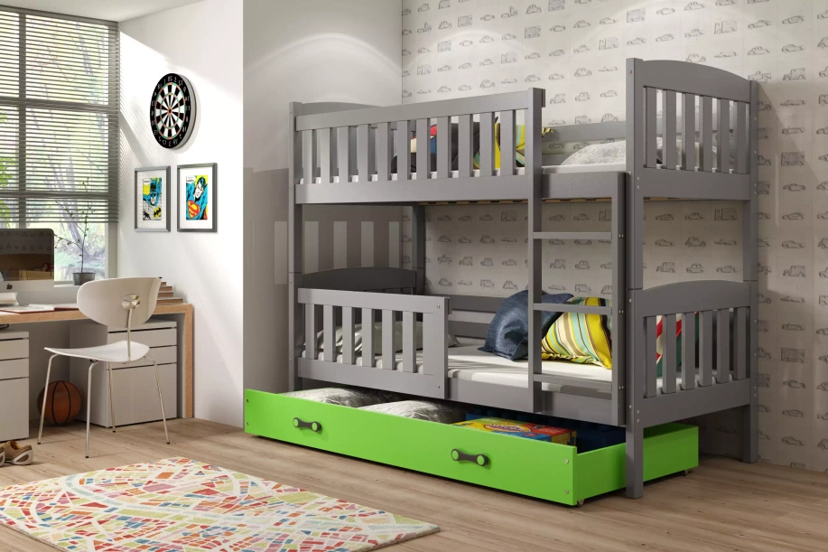 Stockbett für Jugendliche Jakob, 90x200, mit Matratze und Schublade, grau/grün
