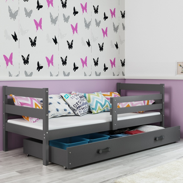 Jugendbett Erik, 90x190, mit Matratze und Schublade, grau