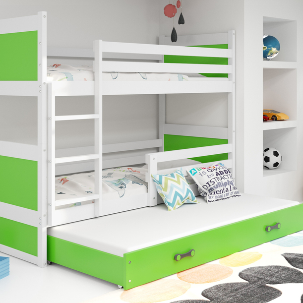 Etagenbett für drei Personen Richard, 90x200, mit Matratze und Schublade, weiß/grün