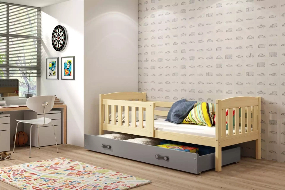 Kinderbett Jakob, 80x160, mit Matratze und Schublade, Kiefer/grau