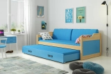 Ausziehbett für Jugendliche David, 90x200, mit Matratze und Schublade, Kiefer/blau