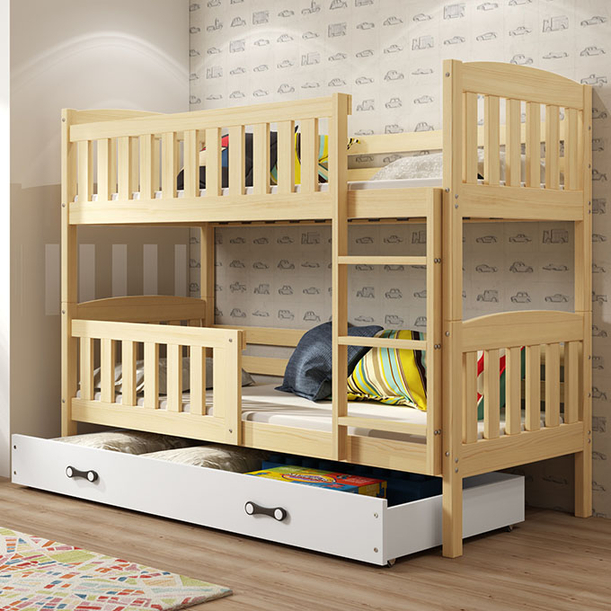 Stockbett für Jugendliche Jakob, 90x200, mit Matratze und Schublade, Kiefer/weiß