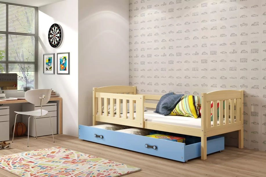 Jugendbett Jakob, 90x190, mit Schublade, Kiefer/blau