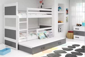 Etagenbett für drei Personen Richard, 90x190, mit Matratze und Schublade, weiß/grau