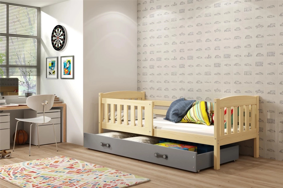 Jugendbett Jakob, 90x190, mit Schublade, Kiefer/grau