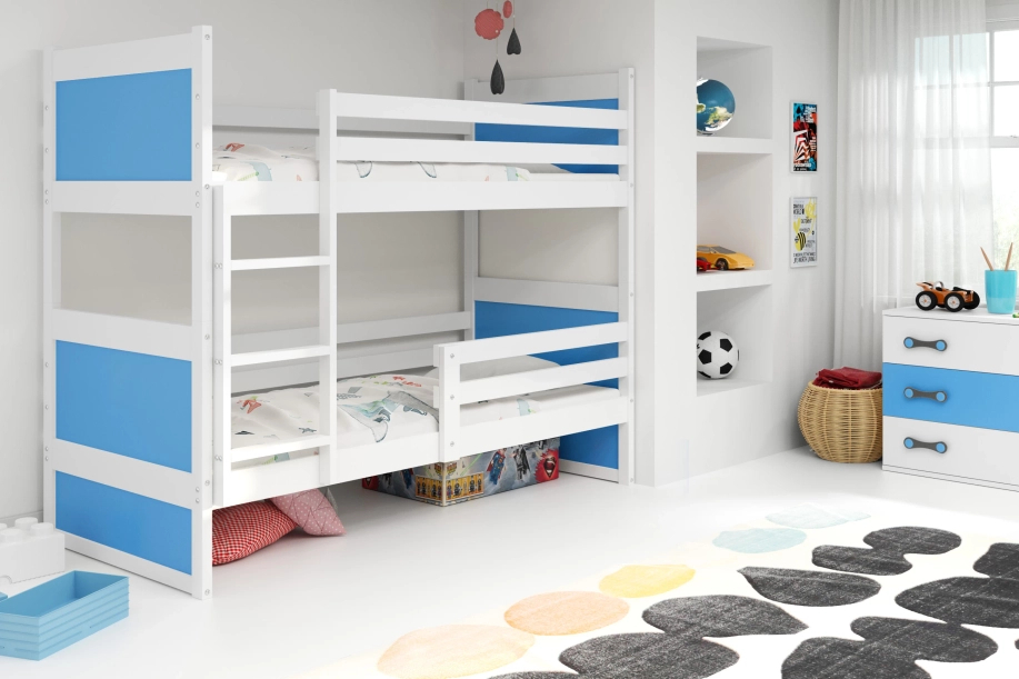 Stockbett für Jugendliche Richard, 90x200, mit Matratze, weiß/blau