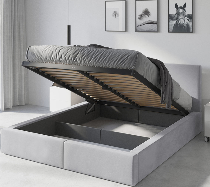 Polsterbett Schlafzimmerbett Doppelbett HILTON 160X200 mit Matratze und Stauraum, hellgrau