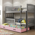 Etagenbett für drei Personen Jakob, 90x190, mit Matratze und Schublade, grau/rosa