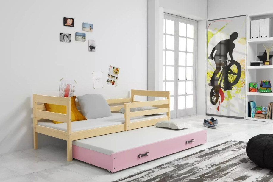 Ausziehbett für Jugendliche Erik, 90x190, mit Matratze und Schublade, Kiefer/rosa