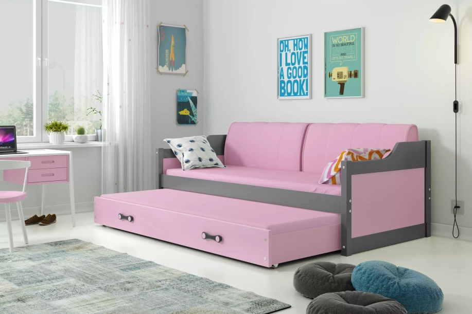 Ausziehbett für Jugendliche David, 90x200, mit Matratze und Schublade, grau/rosa