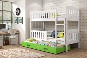 Etagenbett für drei Personen Jakob, 90x190, mit Schublade, weiß/grün