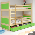Stockbett für Jugendliche Richard, 90x200, mit Matratze und Schublade, Kiefer/grün