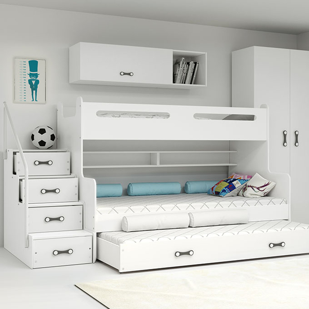 Etagenbett für drei Personen Max 3, 120x200, mit Matratze und Schublade, weiß