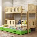 Etagenbett für drei Personen Jakob, 90x190, mit Schublade, Kiefer/grün