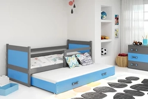 Ausziehbett für Jugendliche Richard, 90x200, mit Matratze und Schublade, grau/blau