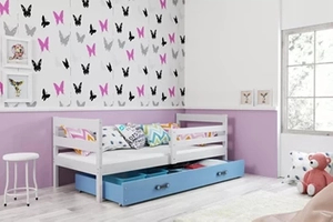 Jugendbett Erik, 90x200, mit Matratze und Schublade, weiß/blau