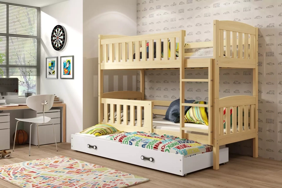 Etagenbett für drei Personen Jakob, 90x190, mit Schublade, Kiefer/weiß