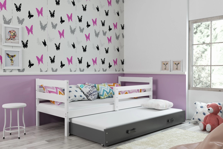 Ausziehbett für Jugendliche Erik, 90x200, mit Matratze und Schublade, weiß/grau