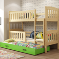 Etagenbett für drei Personen Jakob, 90x200, mit Schublade, Kiefer/grün