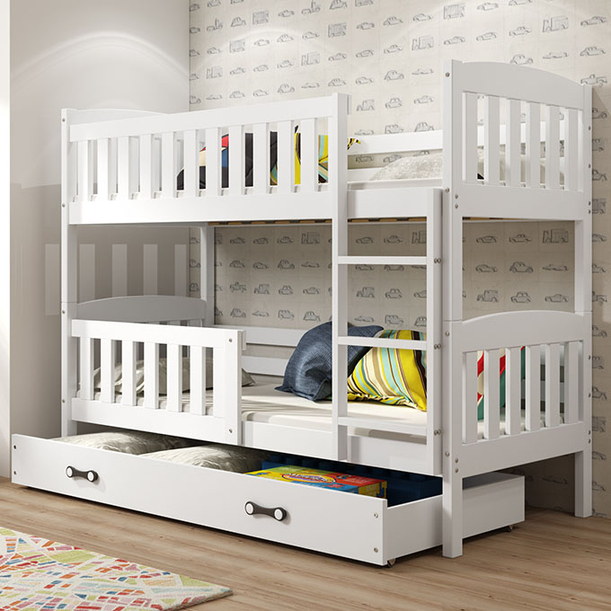 Stockbett für Jugendliche Jakob, 90x200, mit Matratze und Schublade, weiß