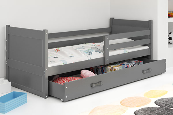 Jugendbett Richard, 90x200, mit Matratze und Schublade, grau