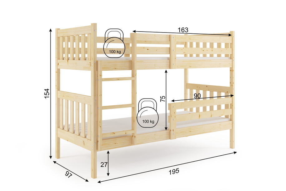 Stockbett für Jugendliche Kacpar, 90x190, mit Matratze, naturholz