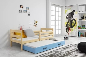 Ausziehbett für Jugendliche Erik, 80x190, mit Matratze und Schublade, Kiefer/blau