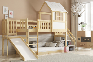 Hochbett-Haus mit Rutsche, Dach und Treppe – Galerie aus Naturholz 90x200
