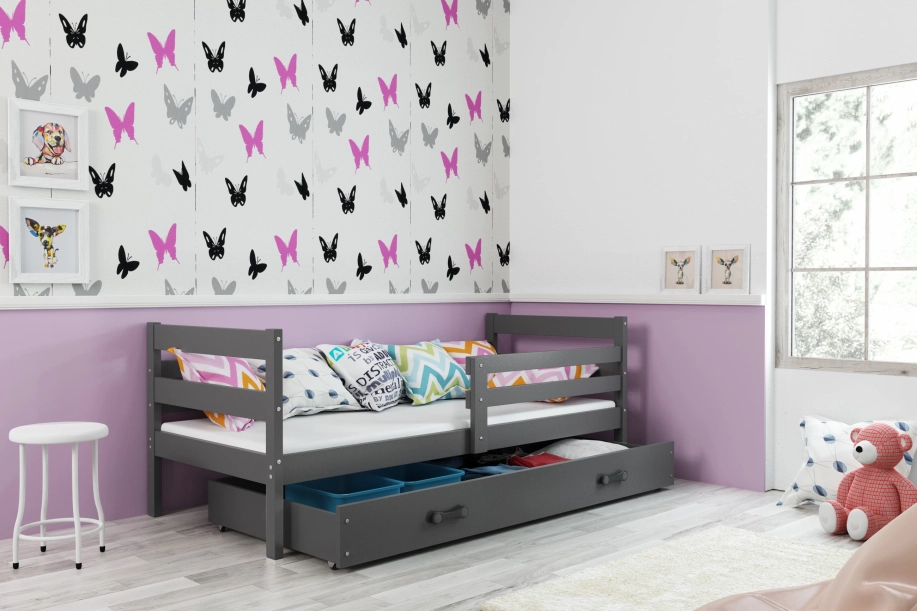 Jugendbett Erik, 90x200, mit Matratze und Schublade, grau