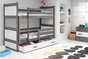 Stockbett für Jugendliche Richard, 90x200, mit Matratze und Schublade, grau/weiß