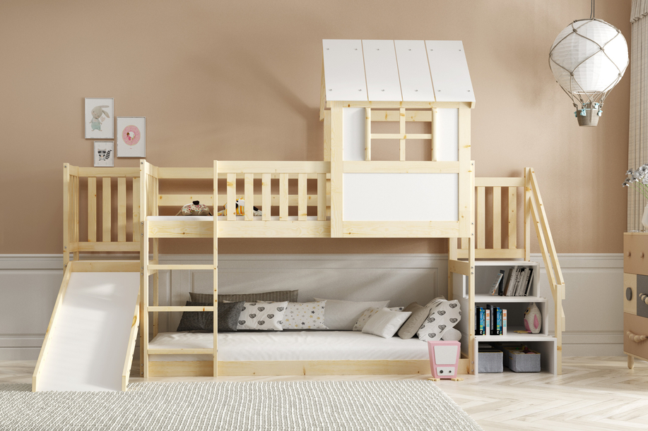 Hochbett-Haus mit Rutsche, Dach und Treppe – Galerie aus Naturholz 90x200