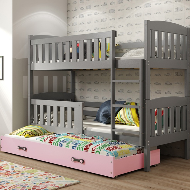 Etagenbett für drei Personen Jakob, 90x190, mit Matratze und Schublade, grau/rosa