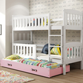 Etagenbett für drei Personen Jakob, 90x190, mit Matratze und Schublade, weiß/rosa