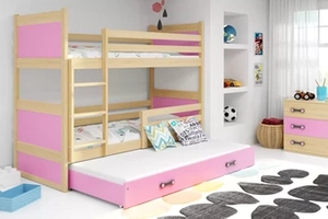 Etagenbett für drei Personen Richard, 90x200, mit Schublade, Kiefer/rosa