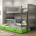 Etagenbett für drei Personen Jakob, 90x190, mit Matratze und Schublade, grau/grün