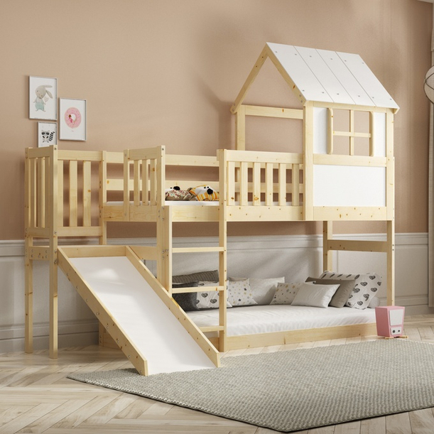 Hochbett mit Rutsche – Haus aus Naturholz 90x200