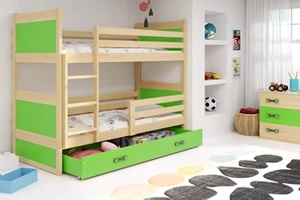 Stockbett für Jugendliche Richard, 90x200, mit Schublade, Kiefer/grün