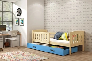 Kinderbett Jakob, 80x160, mit Schublade, Kiefer/blau