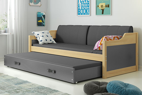 Ausziehbett für Jugendliche David, 90x200, mit Matratze und Schublade, Kiefer/grau