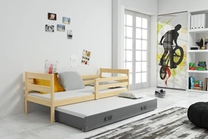 Ausziehbett für Jugendliche Erik, 90x200, mit Matratze und Schublade, Kiefer/grau